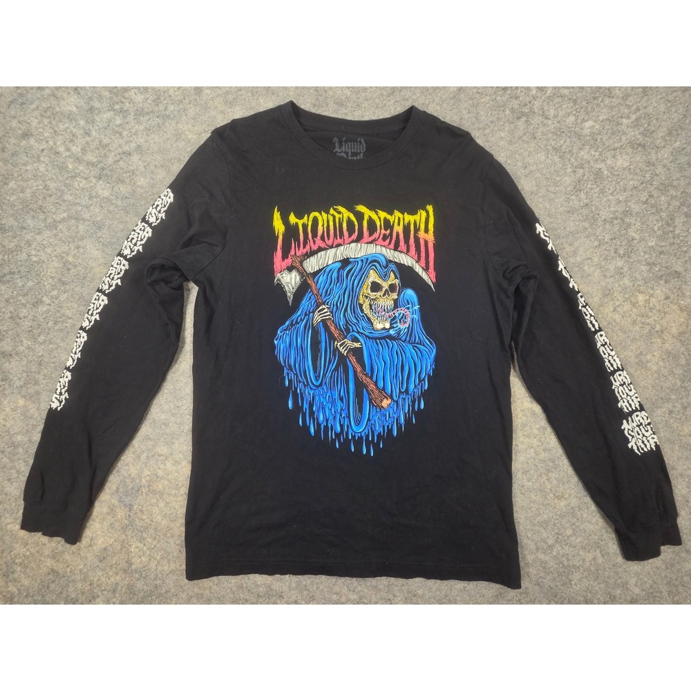 Liquid Death Long Sleeve Grim Reaper Graphic Tee Black Mens Large Skeleton Skull